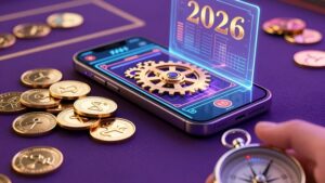 Футуристичный смартфон и золотые монеты раскрывают секреты максимизации прибыли в мобильном казино 2026